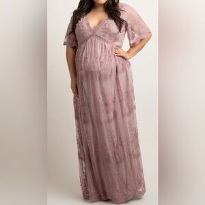 Pinkblush Mauve Lace Mesh Overlay Plus Maternity Maxi Dress 3x